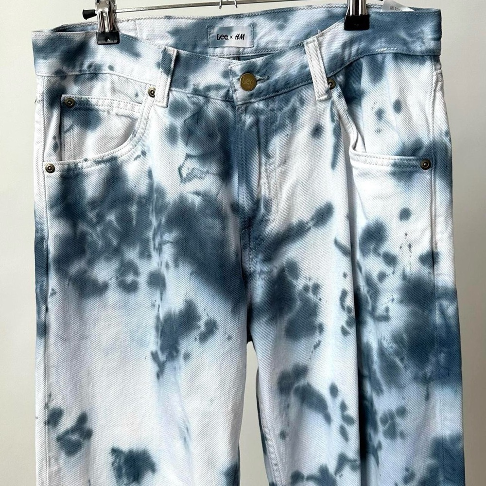 LEE X H&M BLEACH TIE DYE DENIM BLUE DYED High Rise Straight Leg JEANS Size-31/32 - Picture 2 of 9